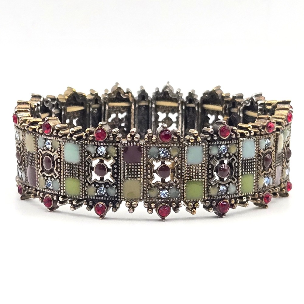 Vintage Style Brass Tone Enamel Rhinestone Stretch Panel Bracelet Multi-Color